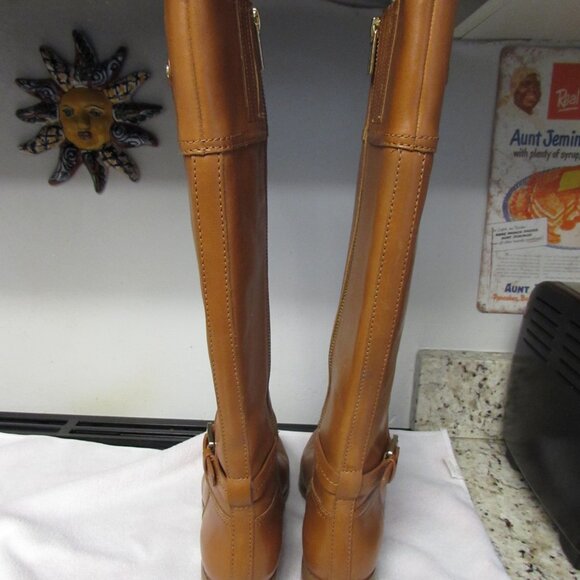 MICHAEL KORS Stockard Cognac Leather Tall Riding Boot Gold MK Sz 5.5 - Picture 13 of 16